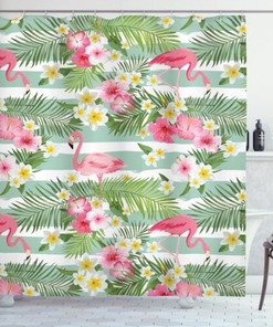 Vintage Flamingo Hawaiian Leaves Flowers Stripe Shower Curtain - Bathroom Curtain for Home Decor