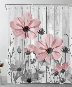 Vintage Floral Pink Shower Curtain with Rustic Farmhouse Grey Flower on Vintage Wood Boards - Wildflower Fabric Bathroom Curtain