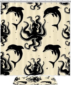 Vintage Pattern w/ Octopus and Dolphins Cute Shower Curtain