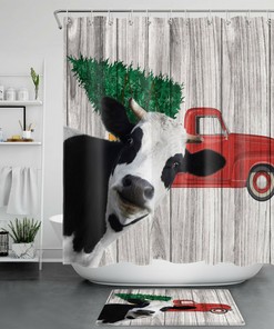 Vintage Red Truck Christmas Tree Cow Shower Curtain, Farmhouse Bathroom Decor