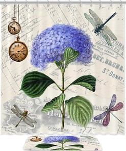 Vintage Shabby Chic Dragonflies Hydrangea Watches Shower Curtain with Microfiber Accents - Natural Bathroom Decor
