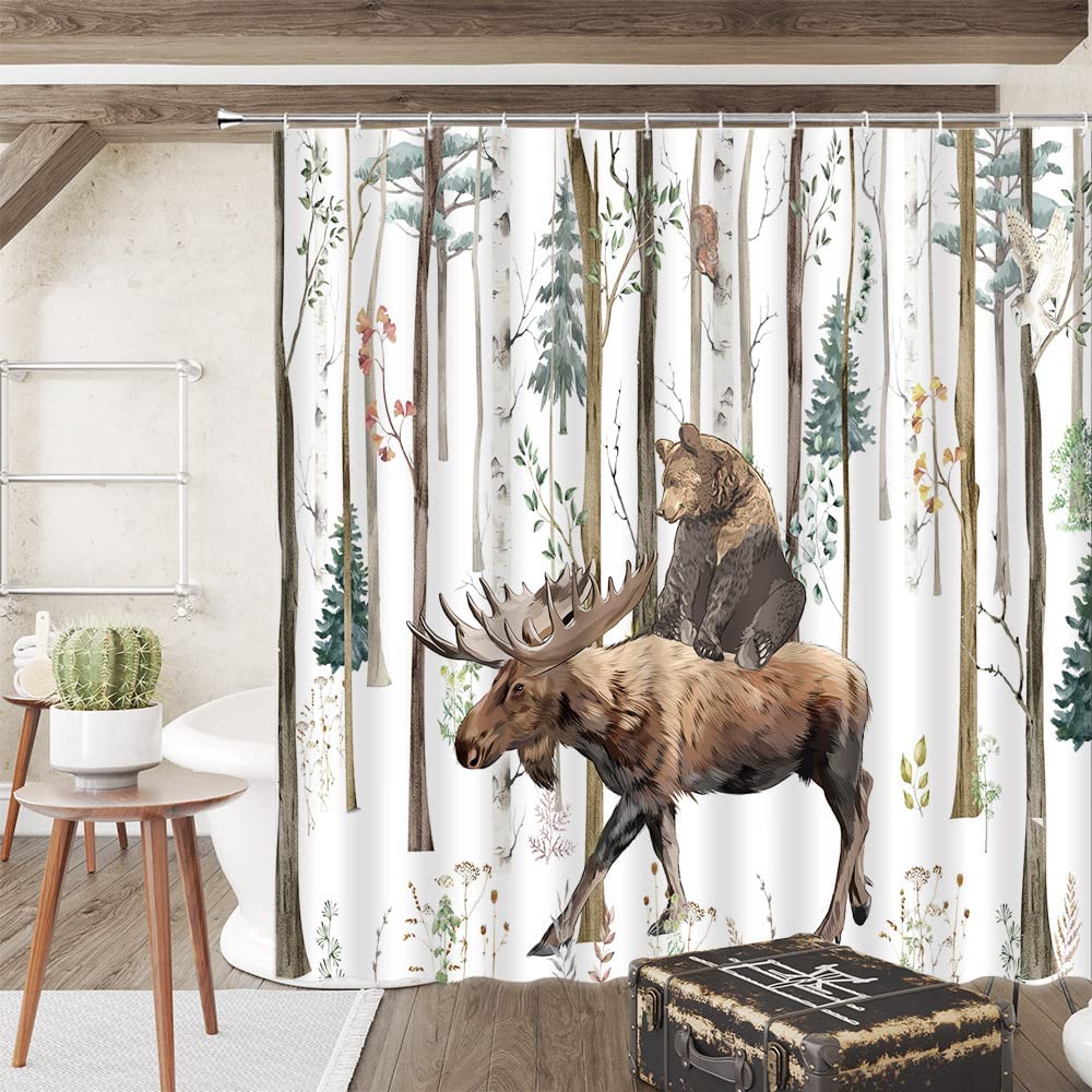 Vintage Wildlife Shower Curtain with Rustic Bear and Deer Craigshirt