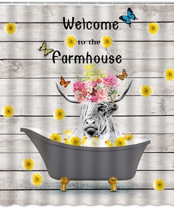 Vintage Wooden Board Plank Floral Highland Cow Shower Curtain for a Country and Charming Bathroom