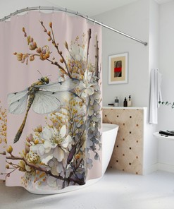 Watercolor Dragonfly and Wild Flowers Shower Curtain for Custom Bathrooms