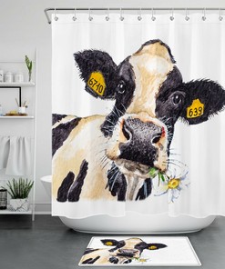 Watercolor Farm Cow Daisy Flower Shower Curtain for Rustic Bathroom Decor