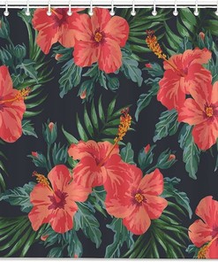 Watercolor Hawaiian Hibiscus Flower Palm Leaf Shower Curtain in Decorative Fabric for Bathroom Decor