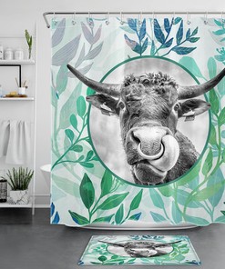 Watercolor Highland Green Leaf Cow Shower Curtain - Bathroom Accessories