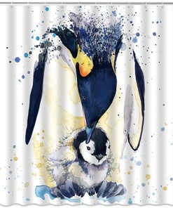 Watercolor Penguin Family Shower Curtain for Cute Bathroom Decor