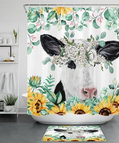 Watercolor Sunflower Green Leaves Funny Cow Shower Curtain for Bathroom and Home Decor