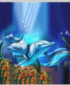 Waterproof Dolphins Shower Curtain with Grommets for Bathroom Decoration