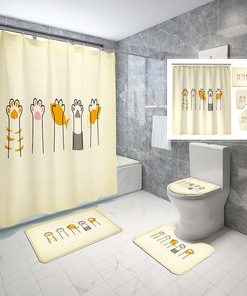 Waterproof Shower Curtain Set with Cute Kitten, Paw Print and Fish Design
