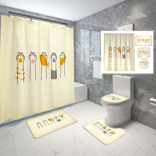 Waterproof Shower Curtain Set with Cute Kitten, Paw Print and Fish Design