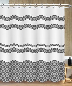 Wavy Lines White Shower Curtain for Bathroom Decor, Minimalist Bohemia Art