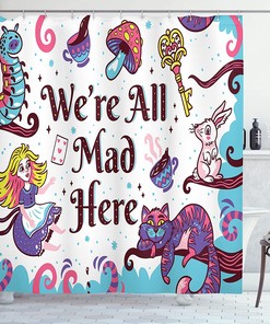 Welcome to Wonderland Mushroom Printed Shower Curtain, Black Green Bathroom Decor