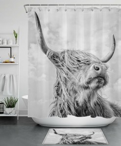 Western Wildlife Animal Bathroom Accessory, Highland Cow Bull Shower Curtain