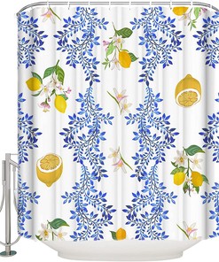 White Flowers Comic Lemon and Blue Leaves Fabric Waterproof Stall Shower Curtain by ArneCase for a Chic Bathroom Look