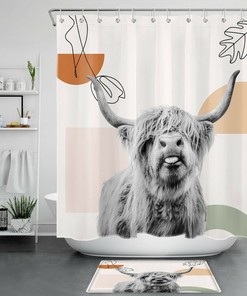 Wild Animal Highland Cow Shower Curtain with Abstract Artwork