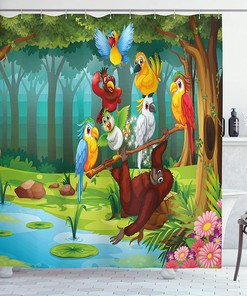 Wild Chimpanzee Shower Curtain with Exotic Birds and Parrot Animal Print for Bathroom Decor