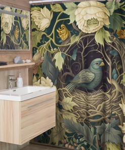 William Morris Inspired Bird Nest Shower Curtain with Forest Theme for Cottagecore Bathroom Decor