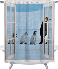 Window View of Antarctic Penguin Shower Curtain - Scenic Bathroom Decor