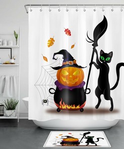 Witch Cat Black Halloween Shower Curtain with Funny Quotes for Home and Bathroom Decor