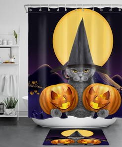 Witch Hat Cat Pumpkin Lantern Waterproof Fabric Shower Curtain, Halloween Bath Decor