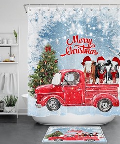 World Christmas Tree Farm Cows Truck Snow Shower Curtain for Bathroom Decor