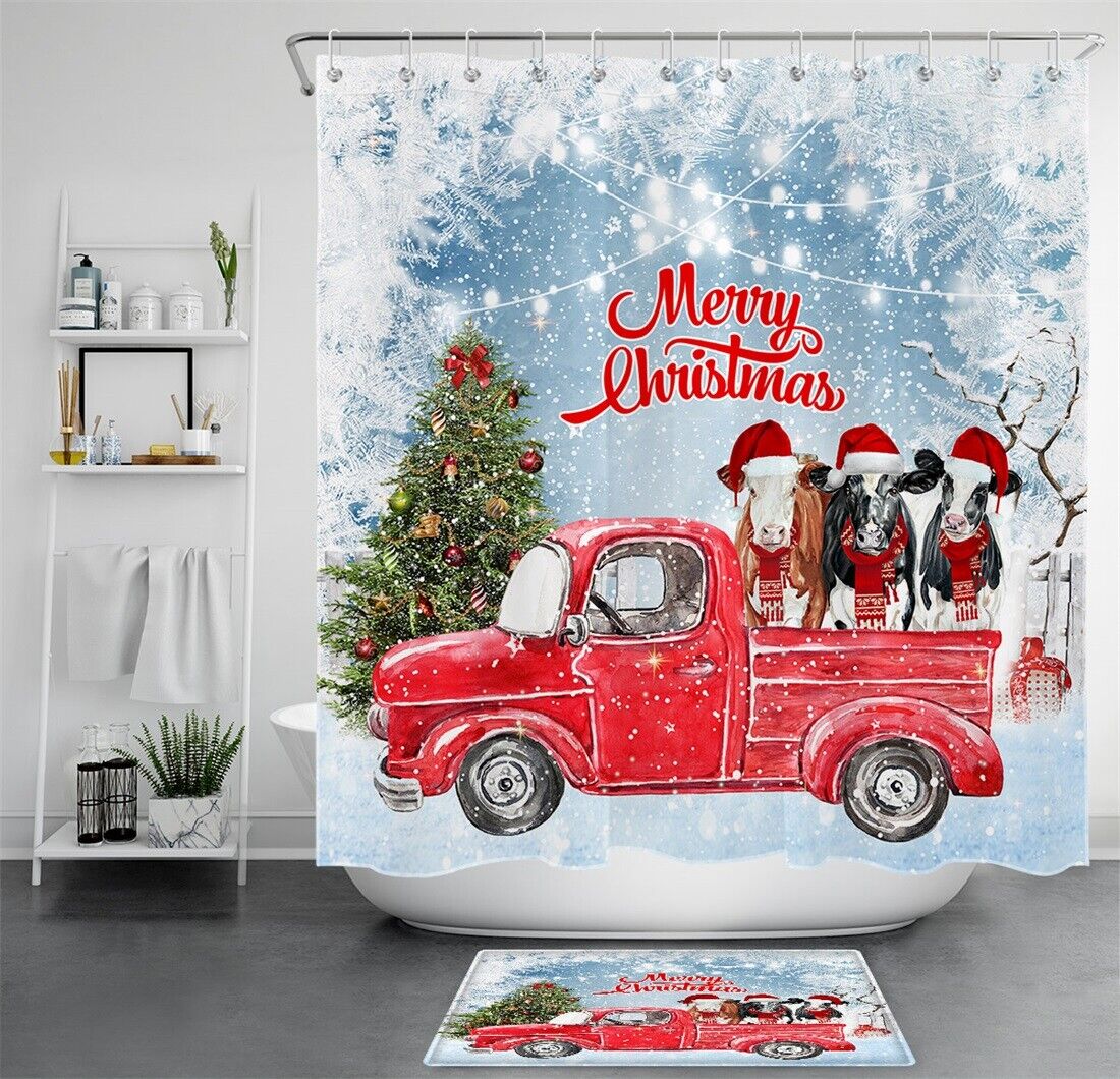 World Christmas Tree Farm Cows Truck Snow Shower Curtain for Bathroom Decor