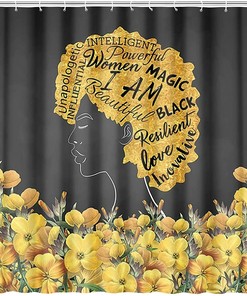 Yellow Flower African American Woman Black Shower Curtain for Whimsical Bathroom Decor