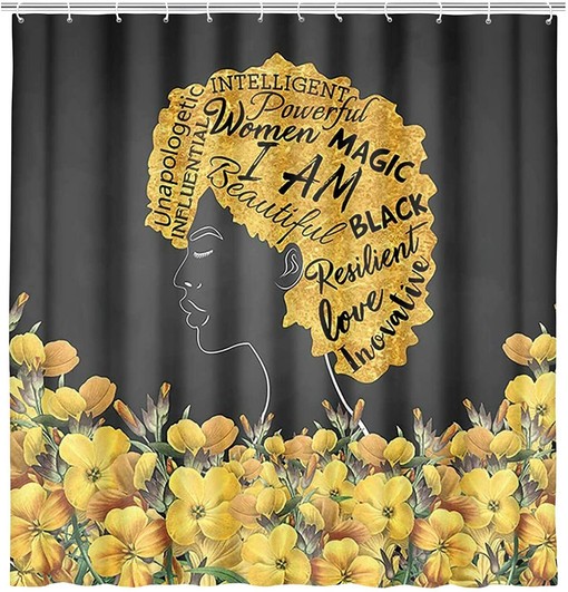 Yellow Flower African American Woman Black Shower Curtain for Whimsical Bathroom Decor