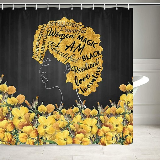 Yellow Flower African American Woman Black Shower Curtain for Whimsical Bathroom Decor - Image 2