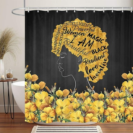 Yellow Flower African American Woman Black Shower Curtain for Whimsical Bathroom Decor - Image 3