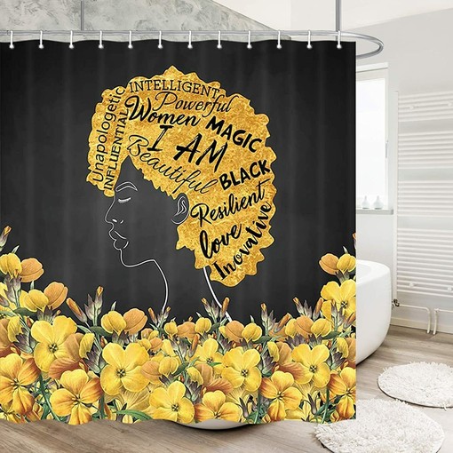 Yellow Flower African American Woman Black Shower Curtain for Whimsical Bathroom Decor - Image 4
