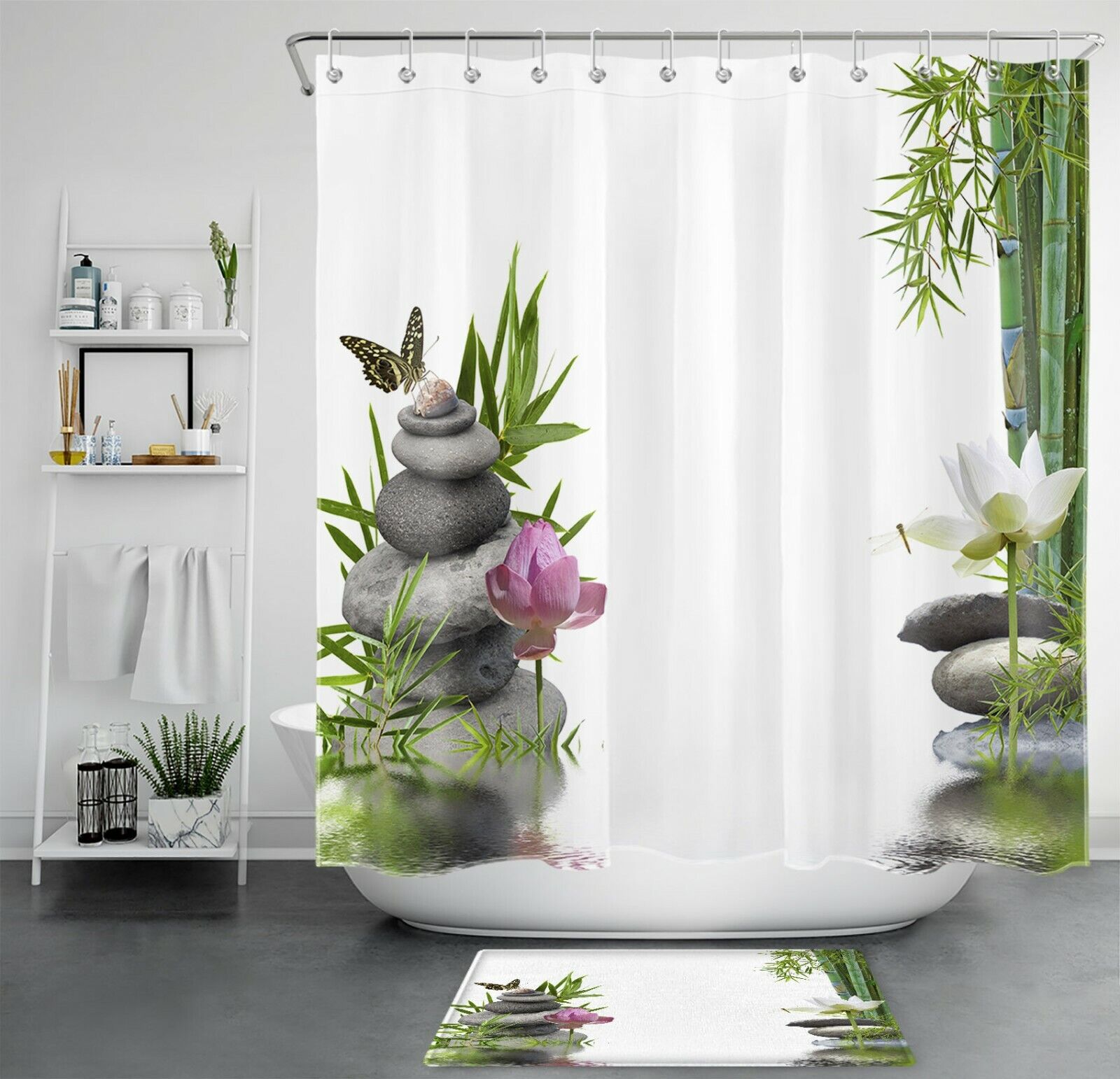Zen Flower Butterfly Green Bamboo Shower Curtain for a Calming Bathroom