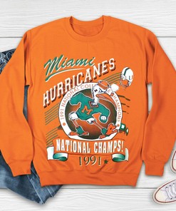 1991 NCAA Champs University of Miami Hurricanes T-Shirt and Vintage NCAA Sweatshirt for Fans