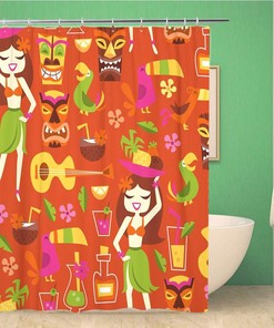1960s Retro Tiki Hawaiian Luau Party Bathroom Shower Curtain Set