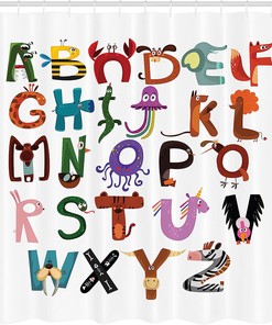 ABC Shower Curtain - Funny Cartoon Alphabet with Fox Monkey Snake Animals Typography for your Bathroom Decor