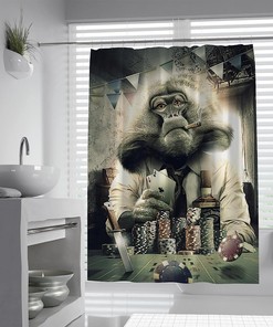 Abstract Animal Shower Curtain with Monkey Playing Poker Cards - Modern Black and White Bathroom Decor