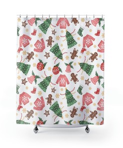 Add a Christmas Vibe to Your Bathroom with White Christmas Print Shower Curtain