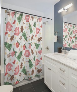 Add a Christmas Vibe to Your Bathroom with White Christmas Print Shower Curtain