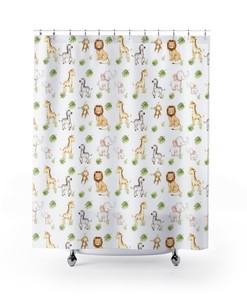 Adorable Watercolor Safari Animals Shower Curtain for Giraffe Monkey Elephant Zebra Lion Jungle Bathroom 
