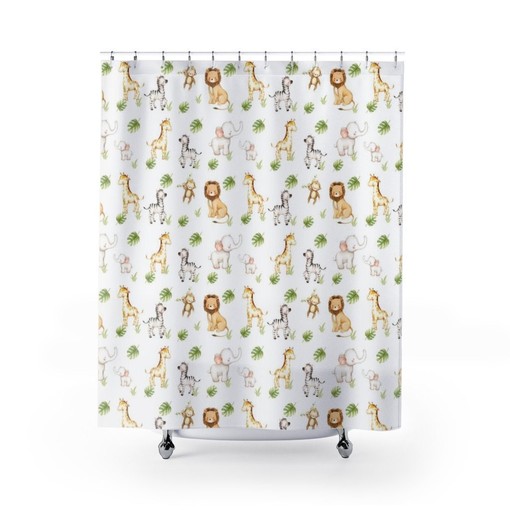 Adorable Watercolor Safari Animals Shower Curtain for Giraffe Monkey Elephant Zebra Lion Jungle Bathroom