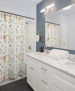Adorable Watercolor Safari Animals Shower Curtain for Giraffe Monkey Elephant Zebra Lion Jungle Bathroom
