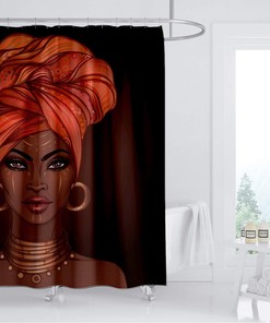 African American Girl Shower Curtain - Pretty Black Woman Wearing Red Turban Print on Fabric for Bathroom Decor
