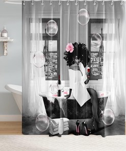 African American Woman Afro Lady Shower Curtain with Bubbles, Pink Rose, and High Heels - Bathroom Decor