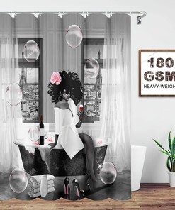 African American Woman Afro Lady Shower Curtain with Bubbles, Pink Rose, and High Heels - Bathroom Decor