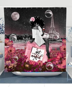 African American Woman Afro Lady Shower Curtain with Wine Cherry Pink Flower and Perfume - Bathroom Decor