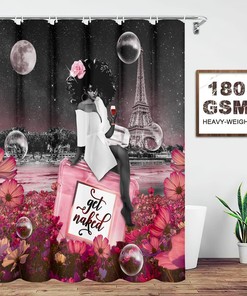 African American Woman Afro Lady Shower Curtain with Wine Cherry Pink Flower and Perfume - Bathroom Decor