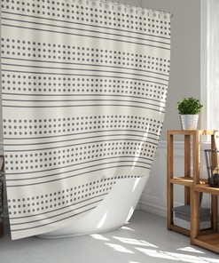 African Bohemian Shower Curtain with Latte Cream Base and Grey Stripes Dots for Minimalist Bathroom Decor