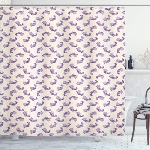 Alice in Wonderland Cat Shower Curtain - Cartoon Animal Design on Peach Background, Cloth Fabric Bathroom Decors